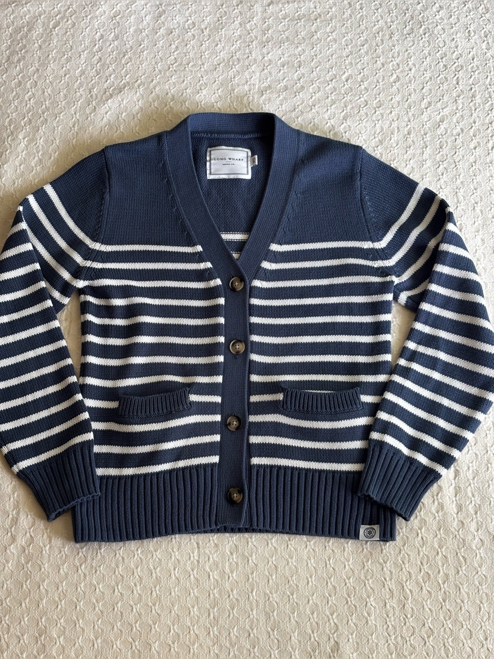 Long Wharf Navy & White Striped V-Neck Cardigan